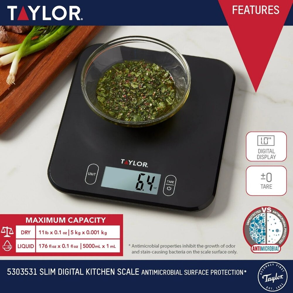Taylor Slim Digital Kitchen Scale With Antimicrobial Surface Protection Tare Fun